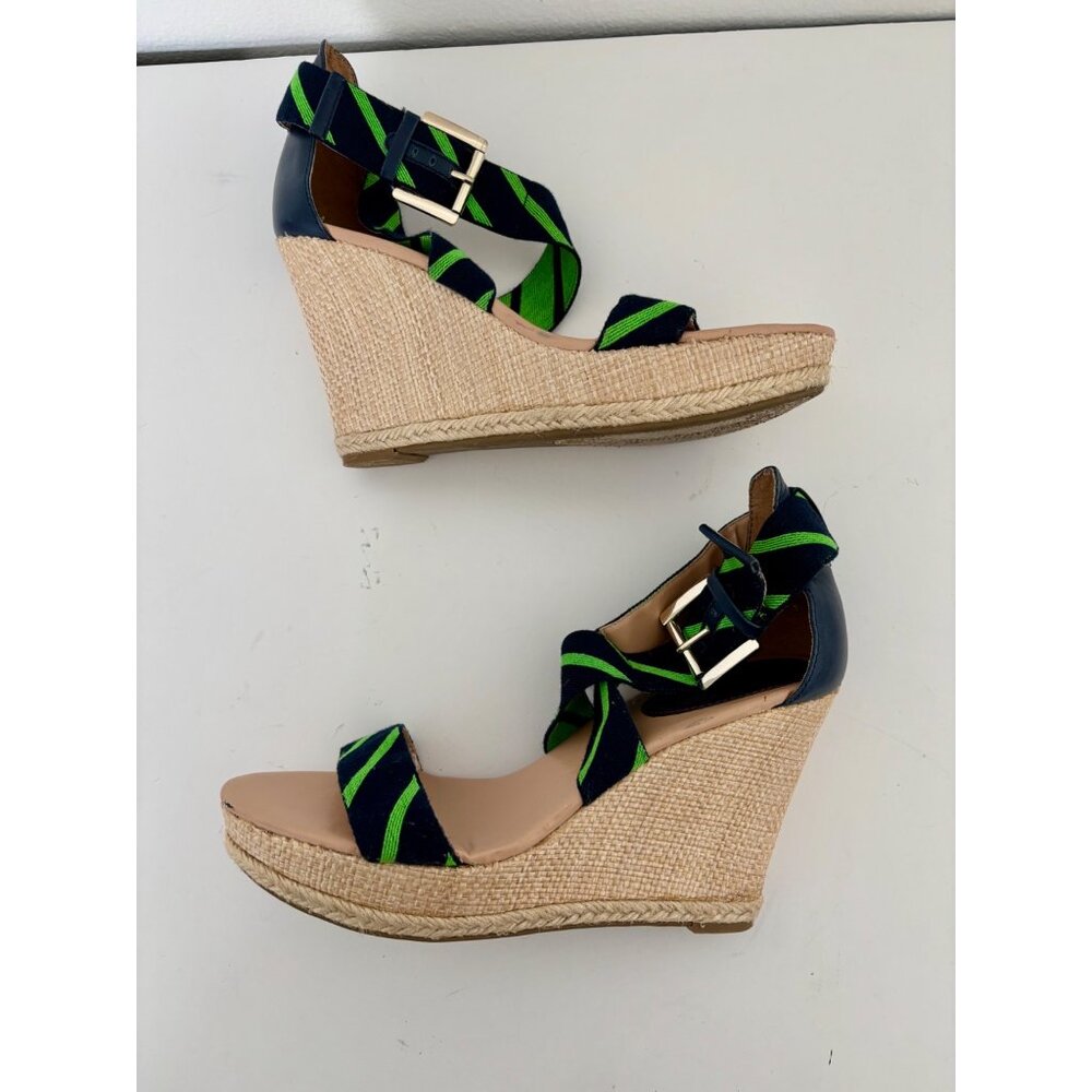 Tommy Hilfiger Sandals 10 Wedge Navy Green Striped Espadrille Preppy Nautical - Picture 8 of 16
